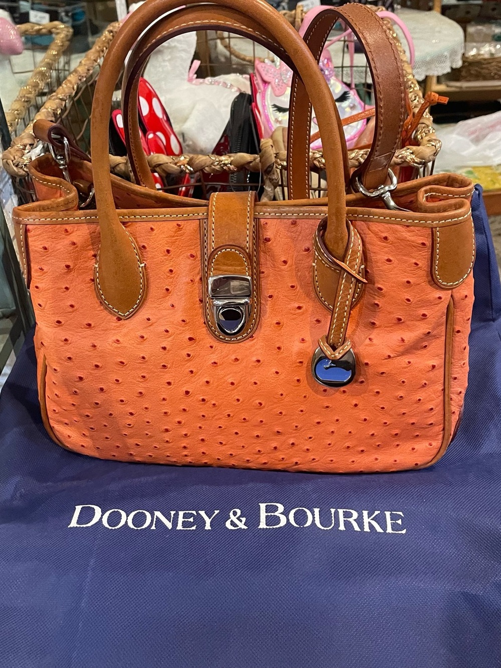 Dooney & Bourke Orange Ostrich-Embossed Leather Satchel with Tan Trim